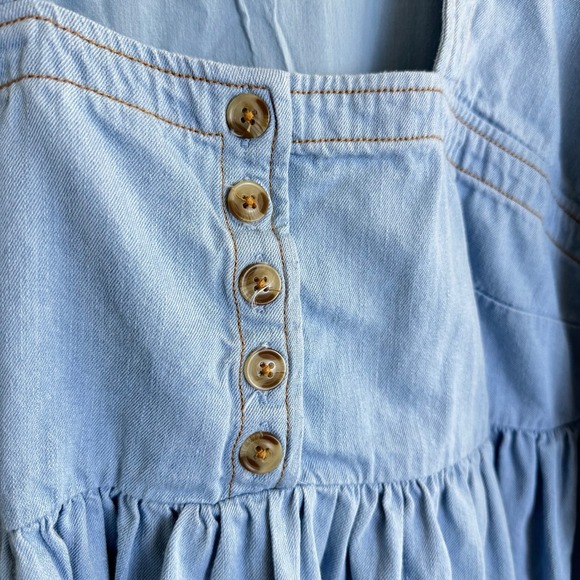 Anthropologie Blue Denim Square Neck Puff Sleeve Babydoll Dress Top 1X pockts - Picture 5 of 9